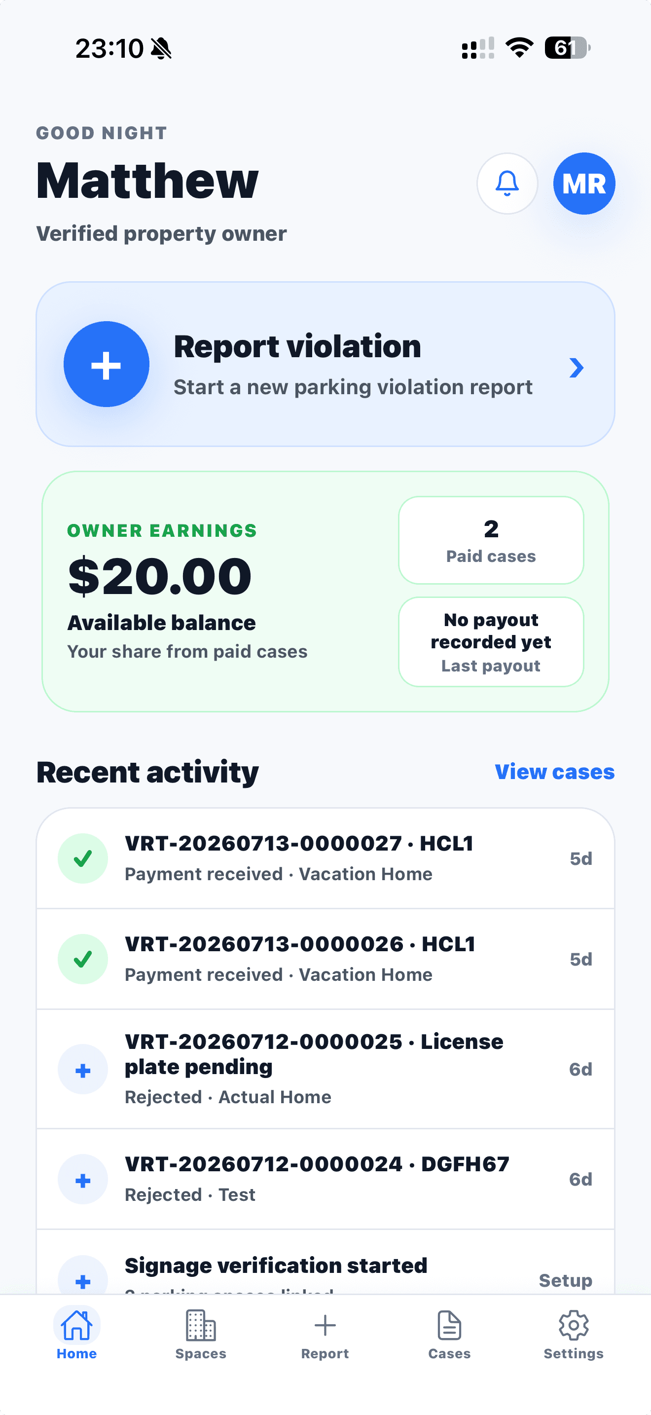 VERITAS app home screen showing violation reporting, owner earnings, and recent activity